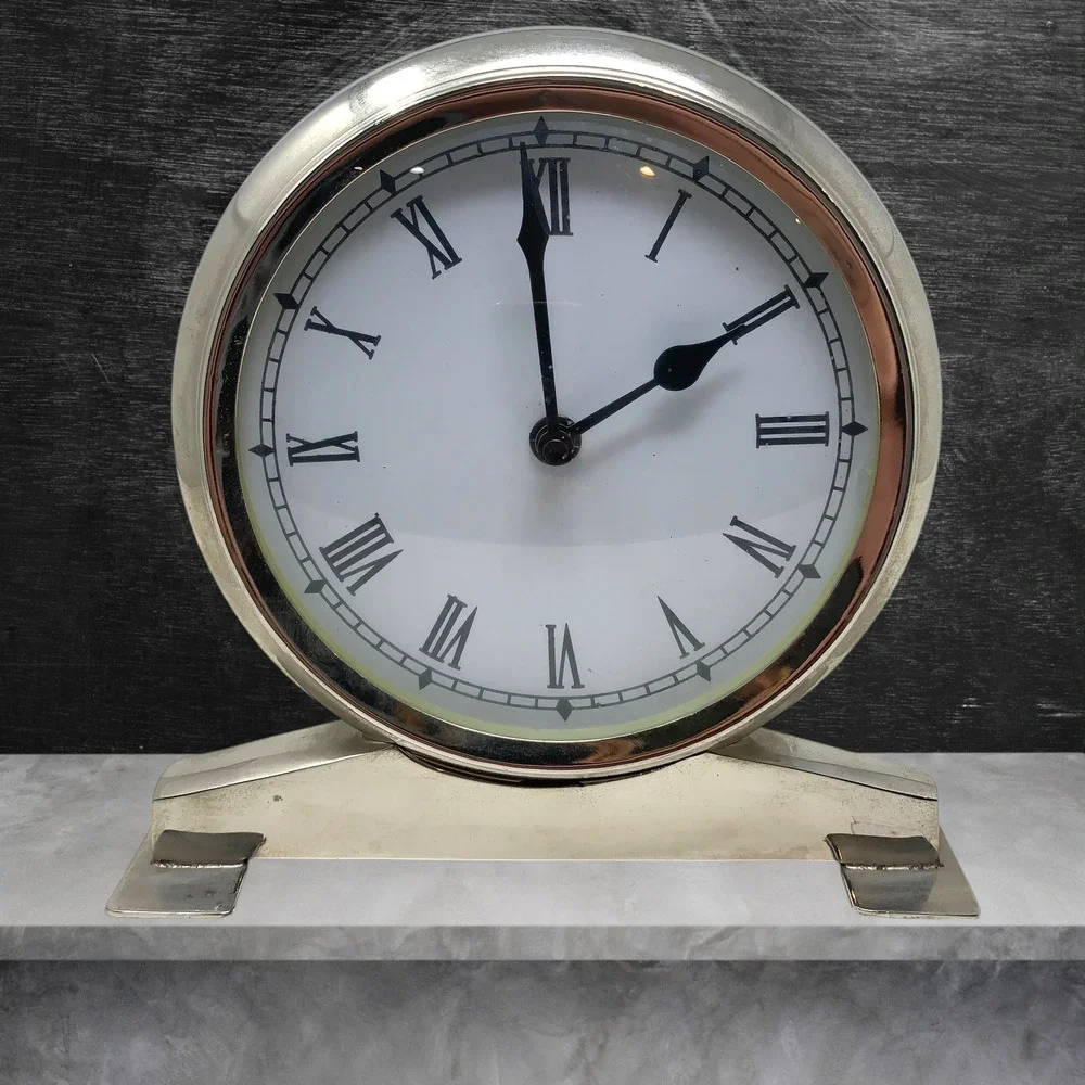 Pottery Barn Roman Numeral Nickel Table Mantel Clock Art Deco Style